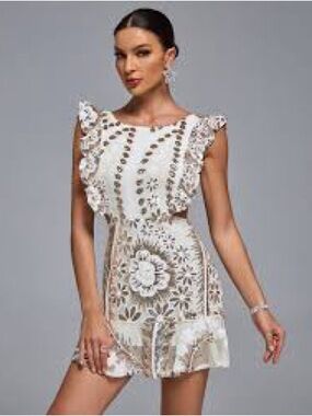White Crochet Lace Ruffle Mini Dress